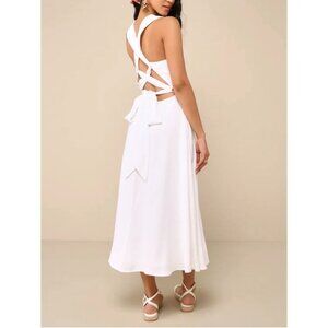 Lulus Sunny Energy White Linen Lace-Up Linen Midi Dress with Pockets Sz Small Wo